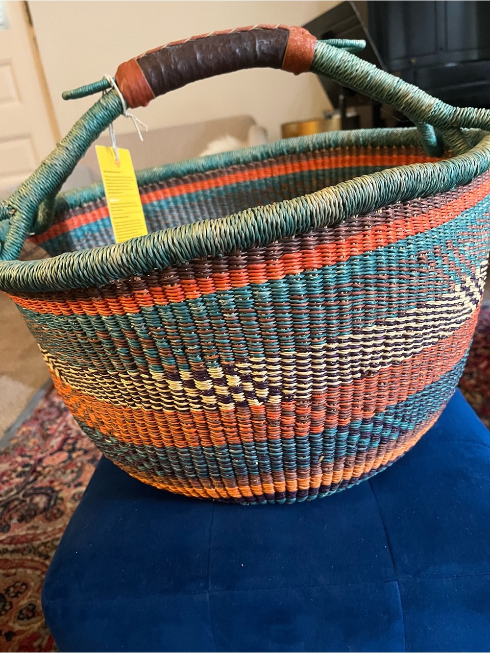 Xl Handwoven Multicolor Bolga Market Basket with Leather Handle - Picture 3 of 5